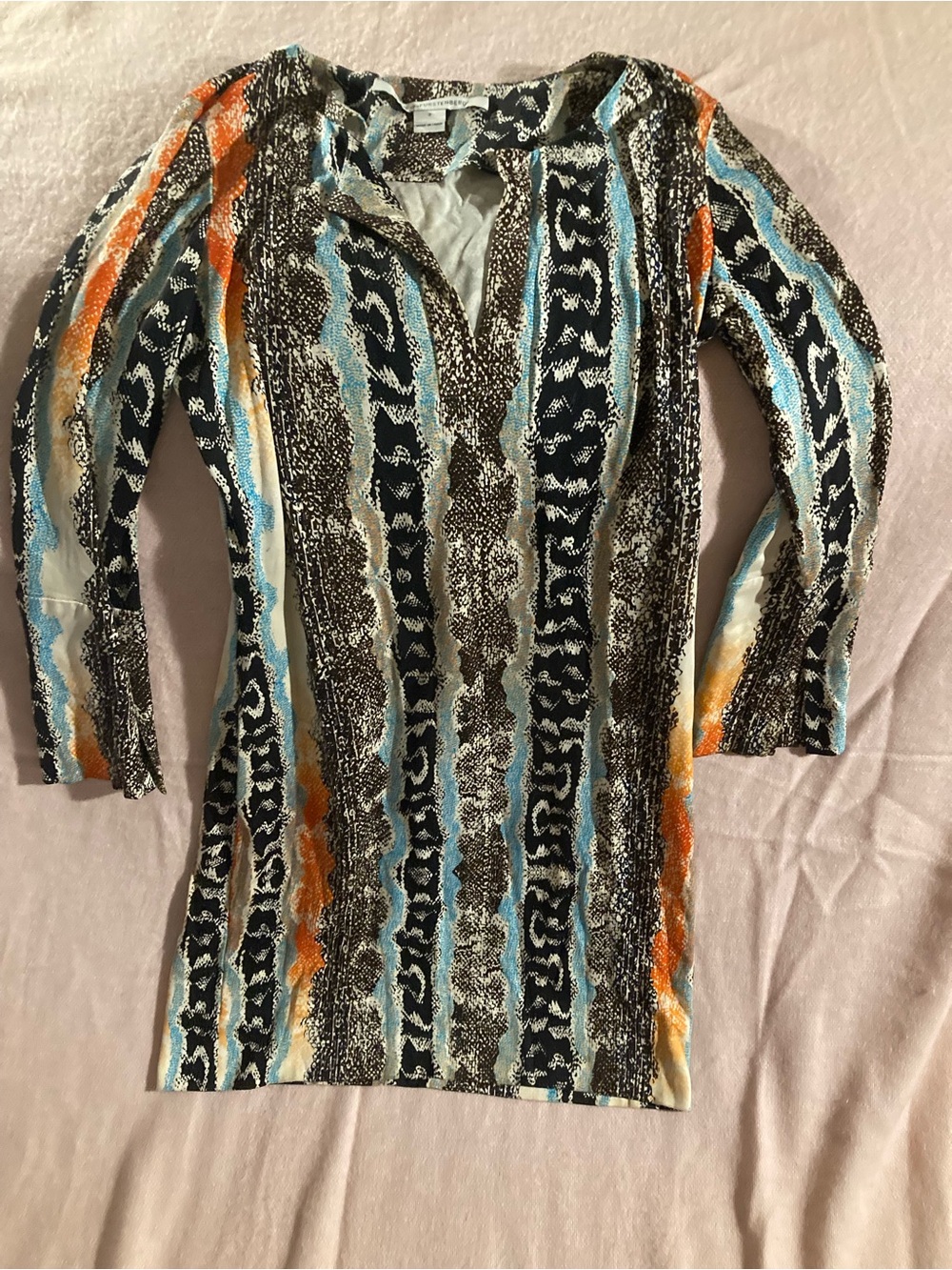 Diane Von Furstenberg Multi-Color Striped Printed V-Neck Tunic